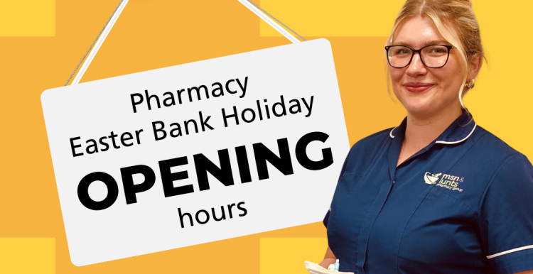Here is clear, accessible **alt teA graphic with a yellow checkered background shows a hanging sign that reads “Pharmacy Easter Bank Holiday OPENING hours.” To the right of the sign, a healthcare worker in a dark blue uniform holds a notepad and smiles. The NHS Shropshire, Telford and Wrekin logo appears in the top-right corner.