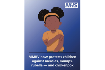 Illustration of a child with a rash on their arms and face, with the NHS logo above. Text reads: ‘MMRV now protects children against measles, mumps, rubella – and chickenpox.’