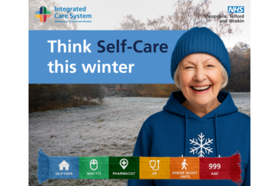 NHS think self care this winter.  A person wearing a  blue wooly hat stood in a winter scene.