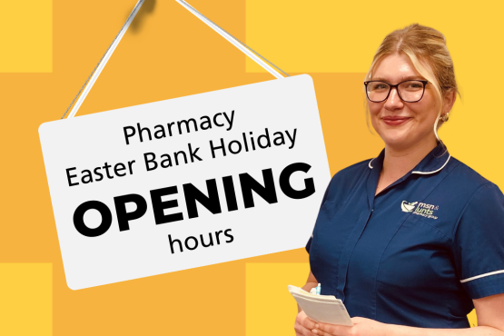 Here is clear, accessible **alt teA graphic with a yellow checkered background shows a hanging sign that reads “Pharmacy Easter Bank Holiday OPENING hours.” To the right of the sign, a healthcare worker in a dark blue uniform holds a notepad and smiles. The NHS Shropshire, Telford and Wrekin logo appears in the top-right corner.
