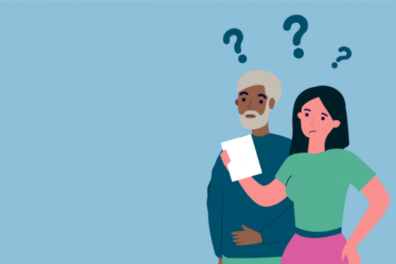 Graphic of two people confused by letter Graphic of two people confused by letter