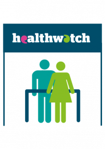 Two figures standing under Healthwatch banner